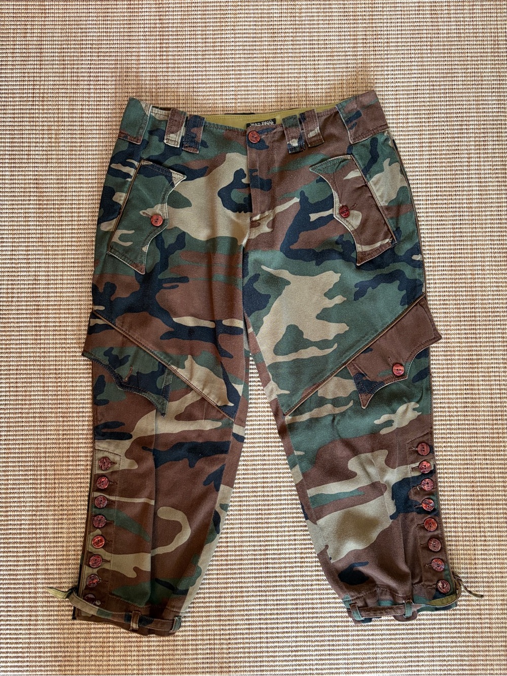 Vintage Jean Paul Gaultier Camo Camouflage Cargo Button Pocket Capri Pants Green